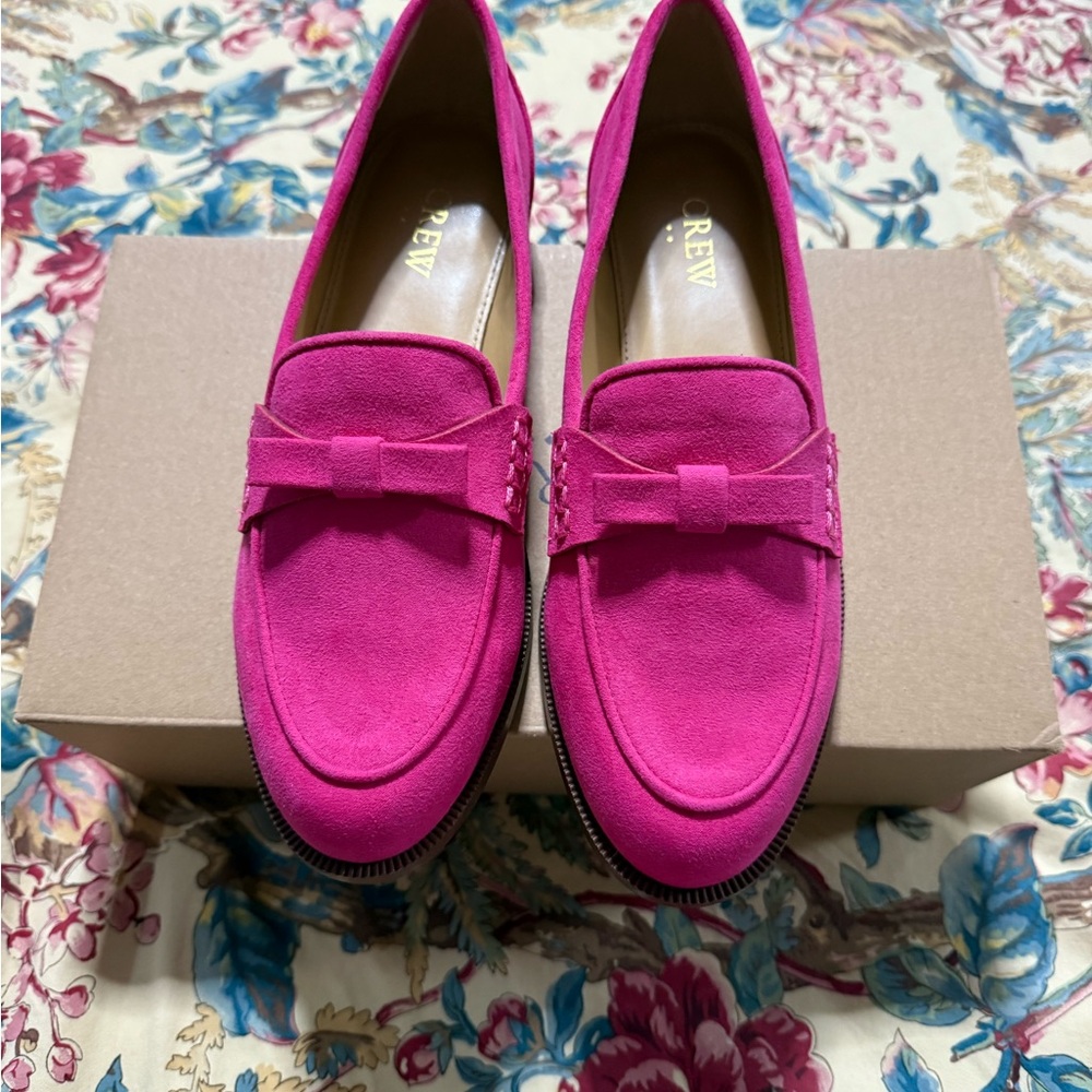 J. Crew Vibrant Pink Suede Loafers with Bow